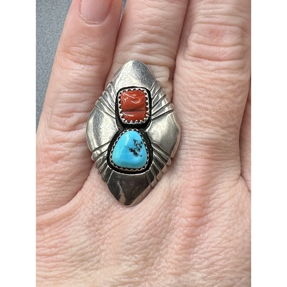 Vintage‎ Native American Navajo Turquoise And Coral Silver Ring Signed S Dickens